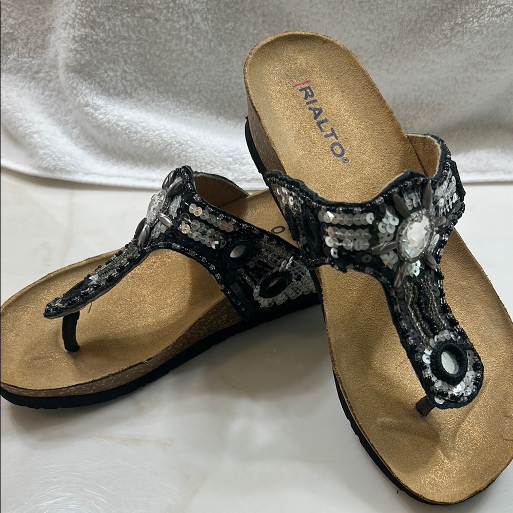 Rialto Black Embellished Sandals with Thong Style